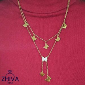 گردنبند پروانه‌های زرین ژیوا از جنس استیل با طراحی چندلایه، پروانه‌های طلایی و آویز پروانه نگین‌دار